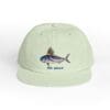 Light green baseball cap with a fish graphic and text.