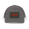 Gray baseball cap with a red and green stitched design on the front.