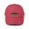 Red baseball cap with a black fish graphic on the front.