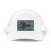 White cap with a blue patch featuring a brown lobster design.