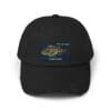 Black baseball cap with a colorful fish design and text.