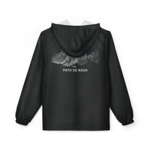 Black hooded jacket with angel wing design and white text on the back.