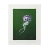 A purple jellyfish floating gracefully against a green background.