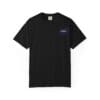 Black T-shirt with a small purple logo on the chest.