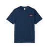 Navy blue short-sleeve t-shirt with a small red and white logo on the chest pocket.