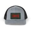 Gray and black mesh cap with a rectangular red and black patch on front.