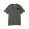 Simple gray T-shirt with a small red and black logo on the chest pocket.