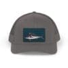 Gray baseball cap with a shark image patch on the front.