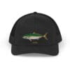 Black baseball cap with embroidered fish design.