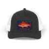 Black and white trucker hat with a red fish graphic on the front.