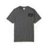 Gray short-sleeve t-shirt with a small black patch on the chest.