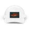 White baseball cap featuring a colorful fish patch.