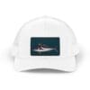 White baseball cap featuring a shark image on the front.