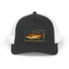 Black and white trucker hat with a fishing-themed design.