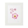 Minimalist floral artwork with pink blossoms and framed in white.