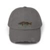 Gray baseball cap with a fish design on the front.