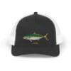 Black and white trucker hat with a colorful fish embroidery.
