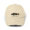 Beige baseball cap with black bowtie design and text.