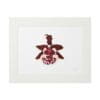 Abstract red inkblot artwork on white background in a white frame.
