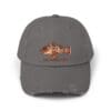 Gray baseball cap with a fish design and distressed details.