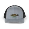 Gray and black baseball cap with fish embroidery.