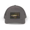 Gray baseball cap with a rectangular patch featuring a vintage car illustration.