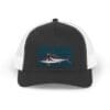Black and white cap with a shark graphic on the front.
