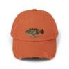 Rust-colored baseball cap with a fish embroidery on the front.
