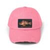 Pink baseball cap with a colorful rectangular patch on the front.