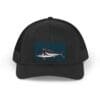 Black baseball cap with a shark graphic on the front.