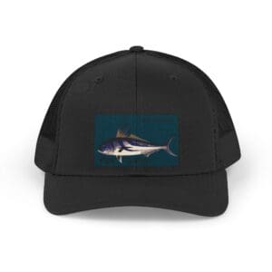 Black baseball cap with a shark graphic on the front.