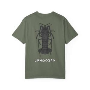 Green t-shirt with a large black insect graphic and 'LANGOSTA' text.