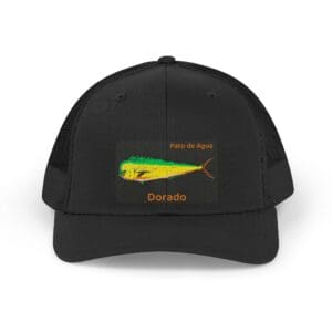Black cap with colorful abstract design and text.