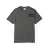 Dark gray t-shirt with a small black patch on the chest.