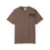 Brown t-shirt with a small black square logo on the chest.