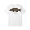 White t-shirt with a large fish graphic and 