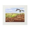 Illustration of a bird flying over an underground animal burrow in a natural landscape.