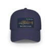 Navy blue baseball cap with a colorful fish embroidery and text.