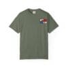 Olive green t-shirt with a small colorful logo on the chest pocket area.