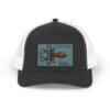 Black and white trucker hat with a lobster patch on the front.