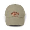 Beige baseball cap with a floral design and text.