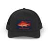 Black cap featuring a colorful fish graphic and text.