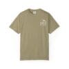 Beige t-shirt with small white text on the chest pocket area.