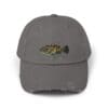 Gray baseball cap with a fish embroidery on the front.