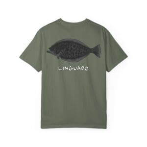 Green T-shirt with a black fish graphic and 'LINGUADO' text.