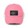 Pink baseball cap with a rectangular patch logo on the front.
