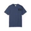 Navy blue T-shirt with a small black and white graphic on the chest.