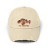 Beige cap with a vintage-style dog embroidery and distressed edges.