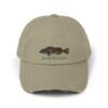 Beige baseball cap with a fish graphic and text.