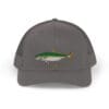 Gray baseball cap with a green and yellow fish embroidery.